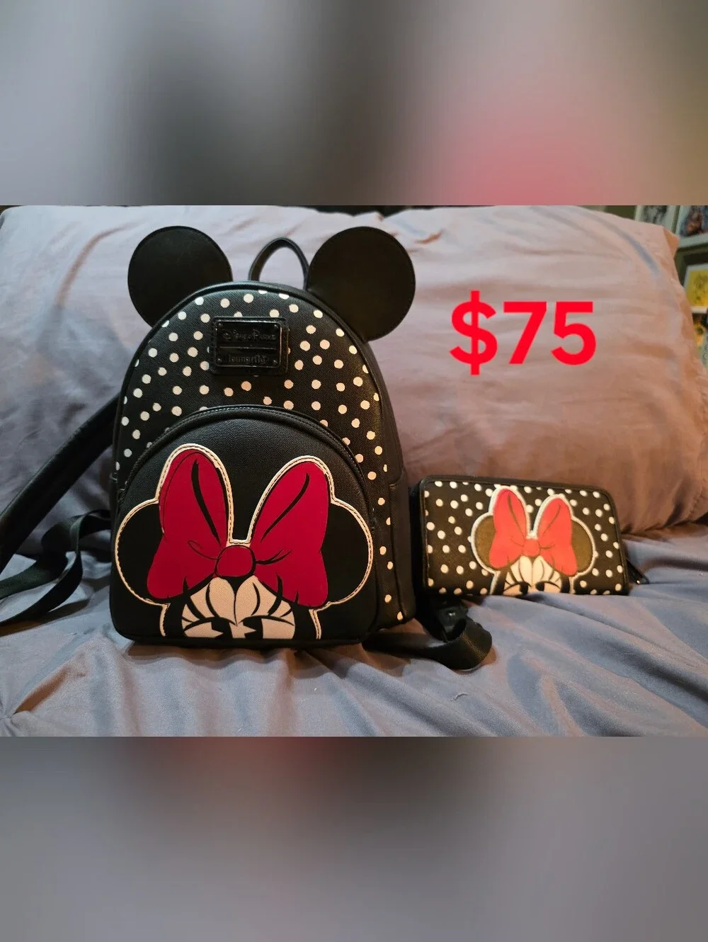 Disney Black Polka Dot Minnie Mouse Loungefly Backpack & Wallet with Red Bow